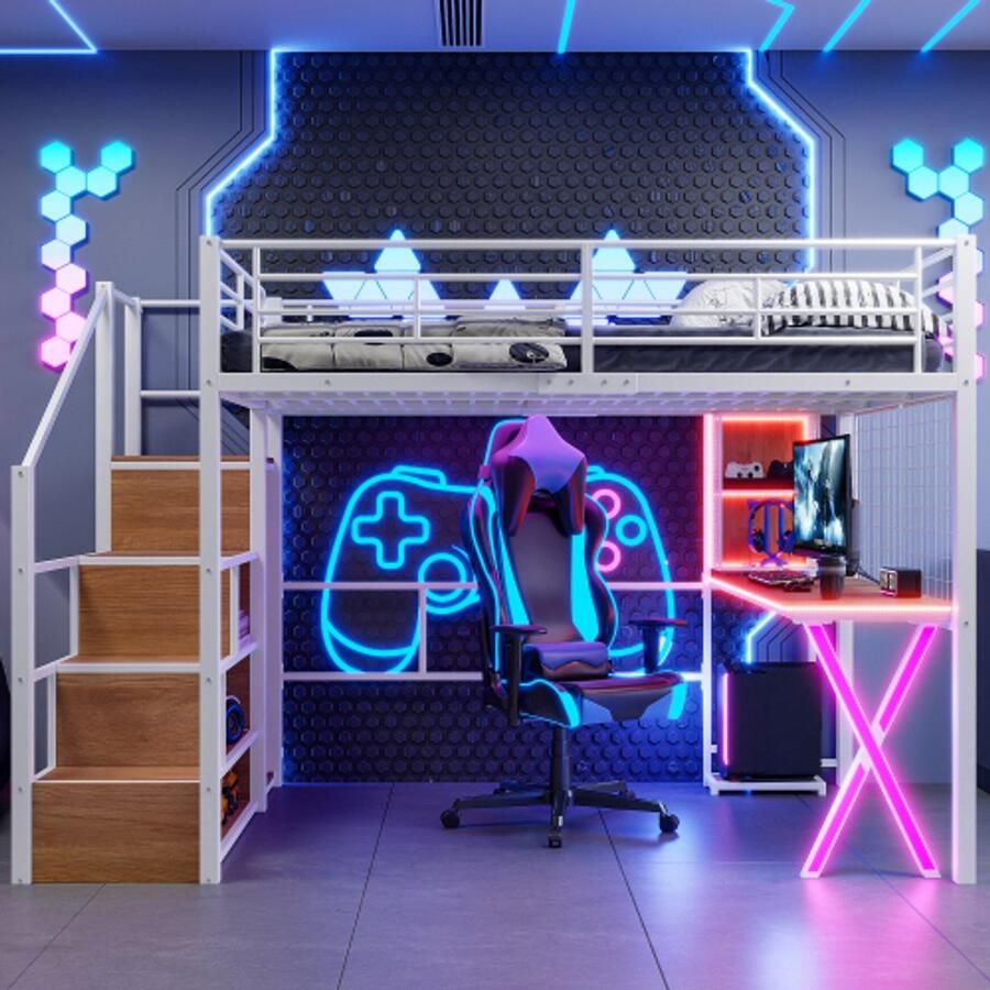 Loftbed 140*200 cm met LED -lichten vouwladder bureau garderobe planken zonder matras wit