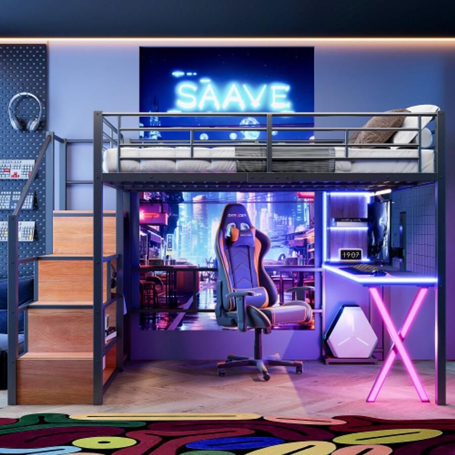 Loftbed 140*200 cm met LED -lichten vouwladder bureau garderobe planken zonder matras zwart