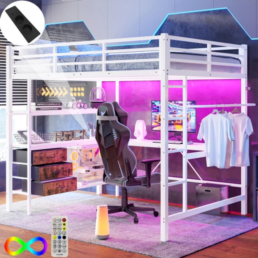 Loftbed 140*200 cm met LED -verlichting bureau socket + USB 3 laden planken leuningen trappen zonder matras wit