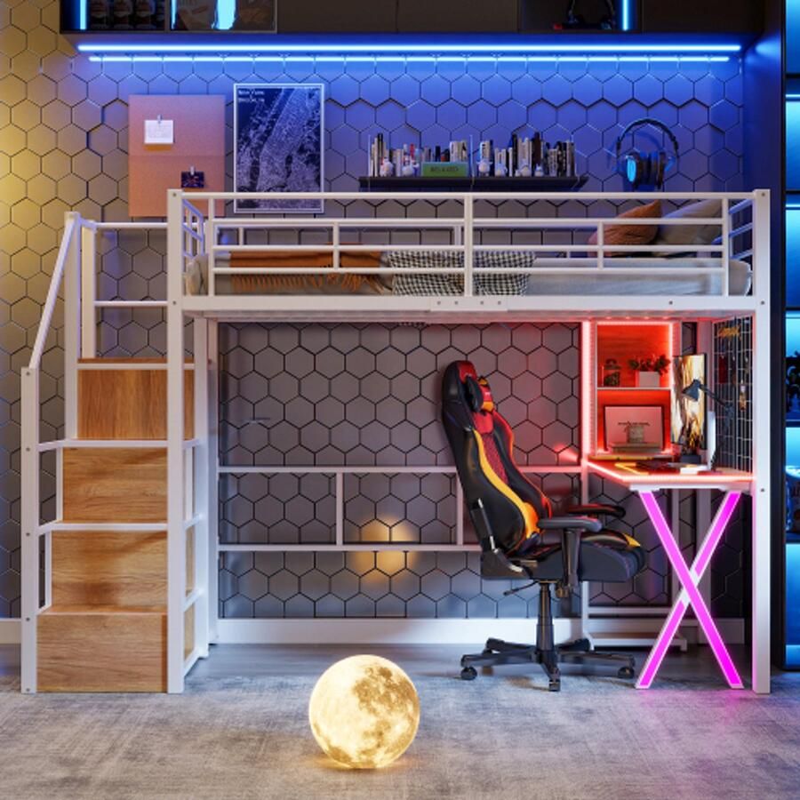 Loftbed 90*200 cm met LED -lichten vouwladder bureau garderobe planken zonder matras wit