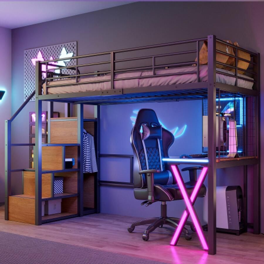 Loftbed 90*200 cm met LED -lichten vouwladder bureau garderobe planken zonder matras zwart