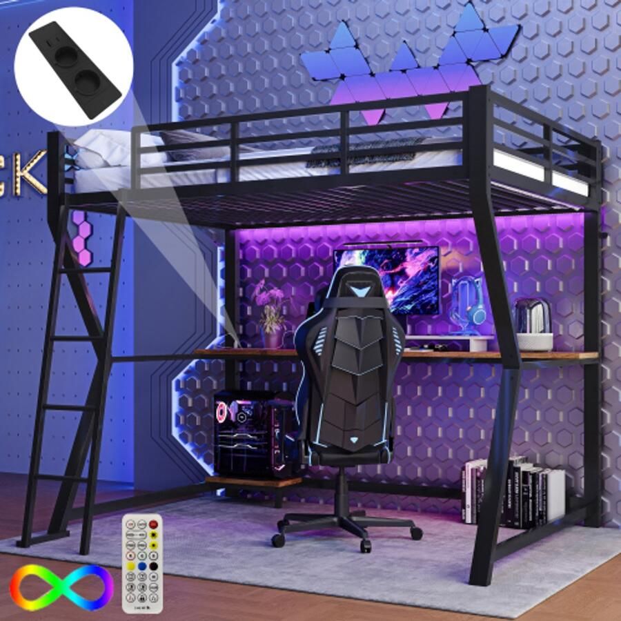 Loftbed 90*200 cm met LED -verlichting computerconsole plank bureau socket+USB reling trappen zonder matras zwart