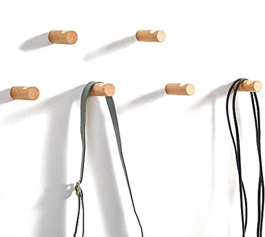 LONANGG 6 stuks beukenhouten wandhaken kapstokken wandgemonteerde rustieke houten haken kleerhanger hoedenrekhaken voor het ophangen van badhanddoeken (Beech Gap 6 haken)