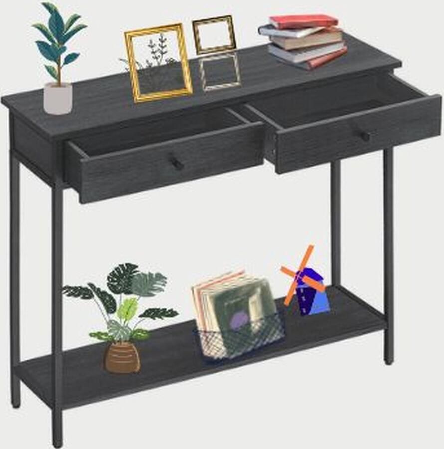 London Consoletafel Console tafel met 2 Laden Haltafel Stalen Hout Banktafel Hal Woonkamer Industrieel tafel zwart