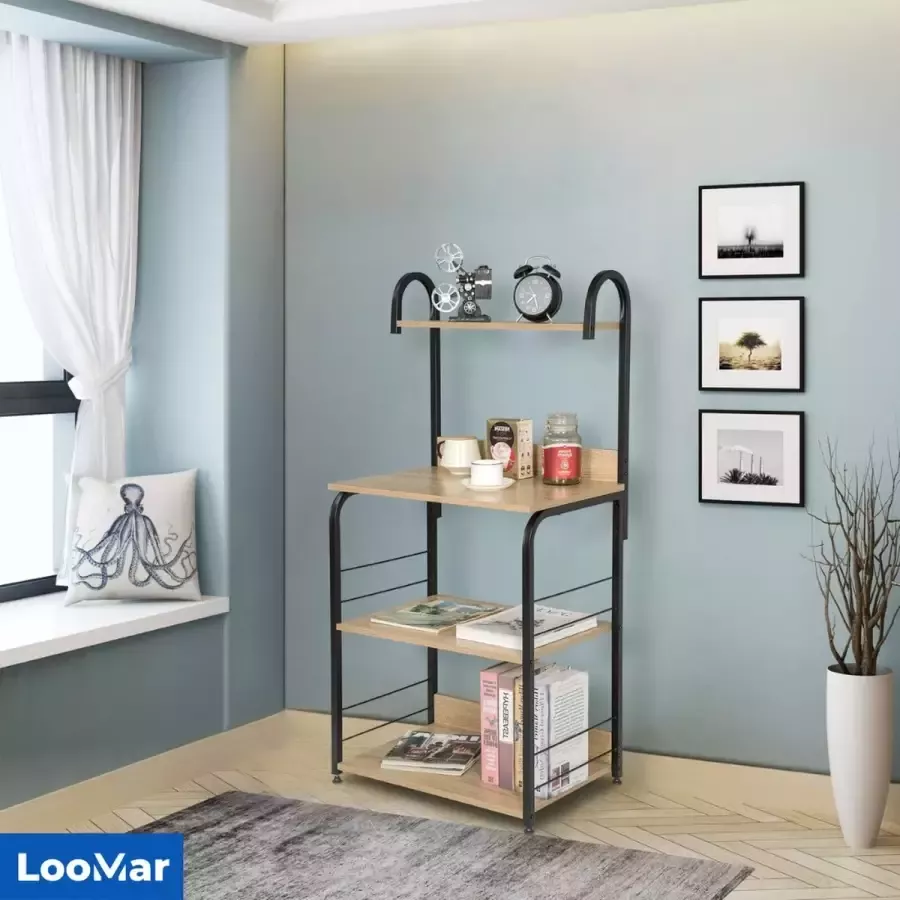 LooMar Keukenrek Open kast Opbergkast Wandrek Industrieel Keukenkast Wandkast – Licht Eiken Metaal MDF