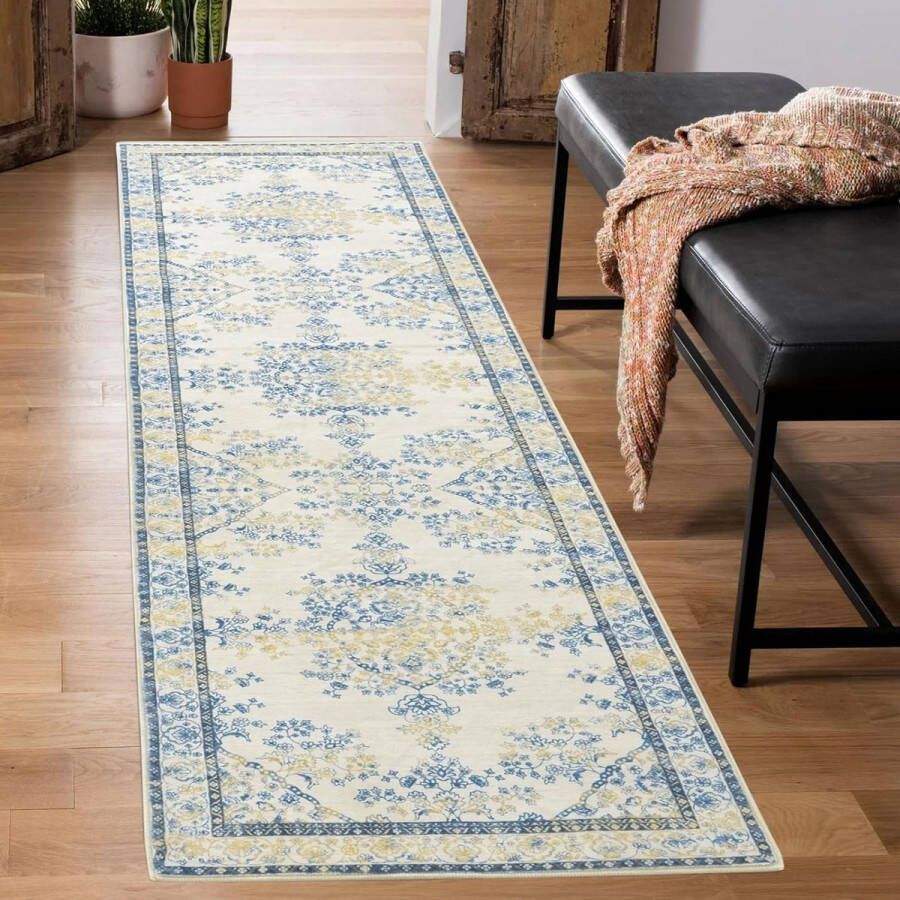 Loper tapijt 60x210 cm antislip lang keukentapijt zachte microvezel wasbaar vloertapijt looptapijt (blauw-geel)