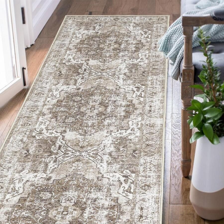 Loper tapijt bruin vintage met bloemenprint 60 x 180 cm