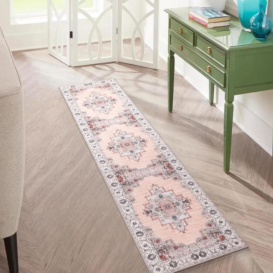 Loper vloerkleed antislip tapijt geschikt voor gang en keuken 1 stuk roze grijs 60 x 210 cm