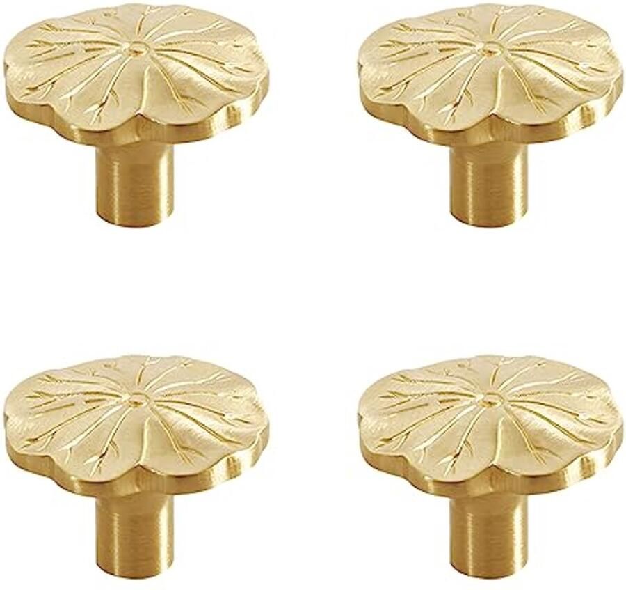 Lotusbladvormige kastknoppen in goud 4 stuks messing meubels