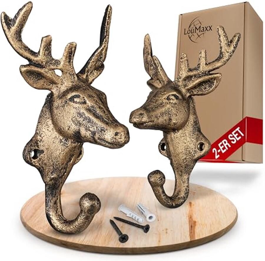 LouMaxx hertenkapstokken set van 2 hertenhaken kapstokken in goud wandkapstokken in rustiek hertendesign decoratieve muurhaken hertenkop kapstokhaken incl. schroeven