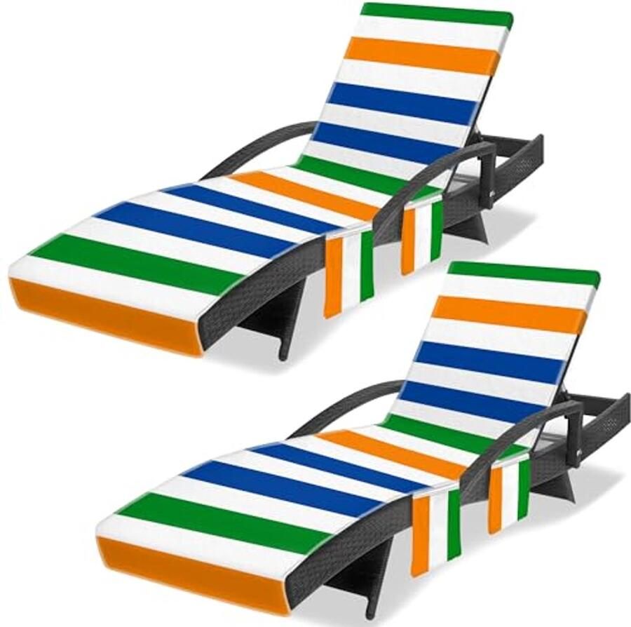 Lounge Chair Towel Cover Striped Chaise Lounge Covers Pack of 2 with Pockets for Outdoor Use