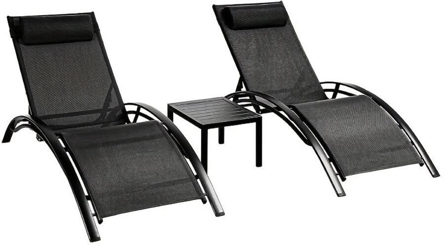 Corenia Lounge Set Buiten – Loungestoel – Ligstoel – Tuinfauteuil – Zonneset – Zwart – 2 Verstelbare Ligstoelen – Inclusief Zijtafel
