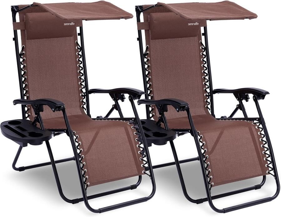 Lounge Stoel – Tuinstoel – Ligstoel – Relaxstoel – Verstelbare Stoel – Ingebouwd Zonnescherm – Afneembare Zijtafel met 2 Cupholders