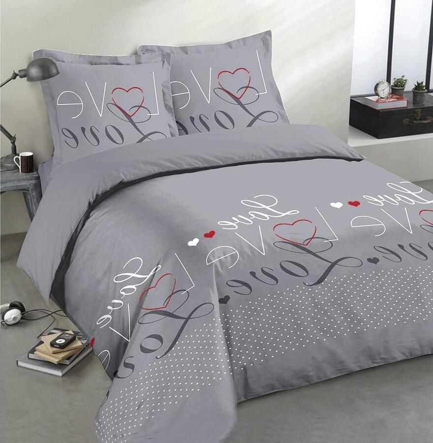 Love Grey beddengoedset Dekbedovertrekset 240 x 220 cm met 2 kussenslopen voor standaard tweepersoonsbed 100% katoen Luxe slaapkamerdecoratie dekbedovertrek 240 x 220 katoenen