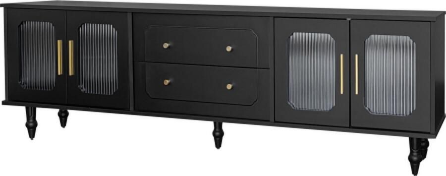 Zonder merk Gotagee Lowboard TV Kast TV Meubel Zwart In Retro Stijl Gouden Handvatten Veel Opbergruimte Met Rattan Deur En Metalen Poten