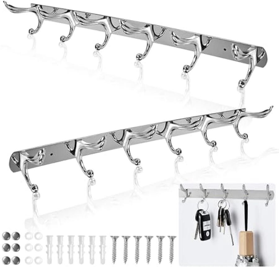 LPAMABA Set van 2 kapstokken muur met 6 haken kapstokken roestvrij staal haakstrip kapstok wandkapstok voor het ophangen van jassen handdoeken sleutels 55cm
