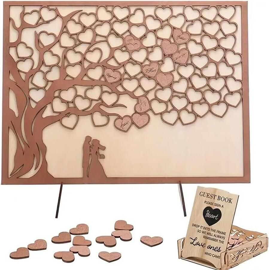 Ltstor 1 Set Houten Hartboom Bruiloft Berichtenboek Vervanging Bruiloft Jubileum Evenement Feest Eettafel Middelpunt Decoratie Hartboom Ontwerp met Decoratieve Houten Kisten (Bruin)
