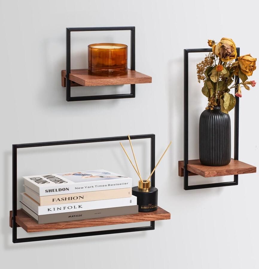 Ibenzoa Drie stijlvolle wandrekken set van metaal en echt hout voor elke ruimte