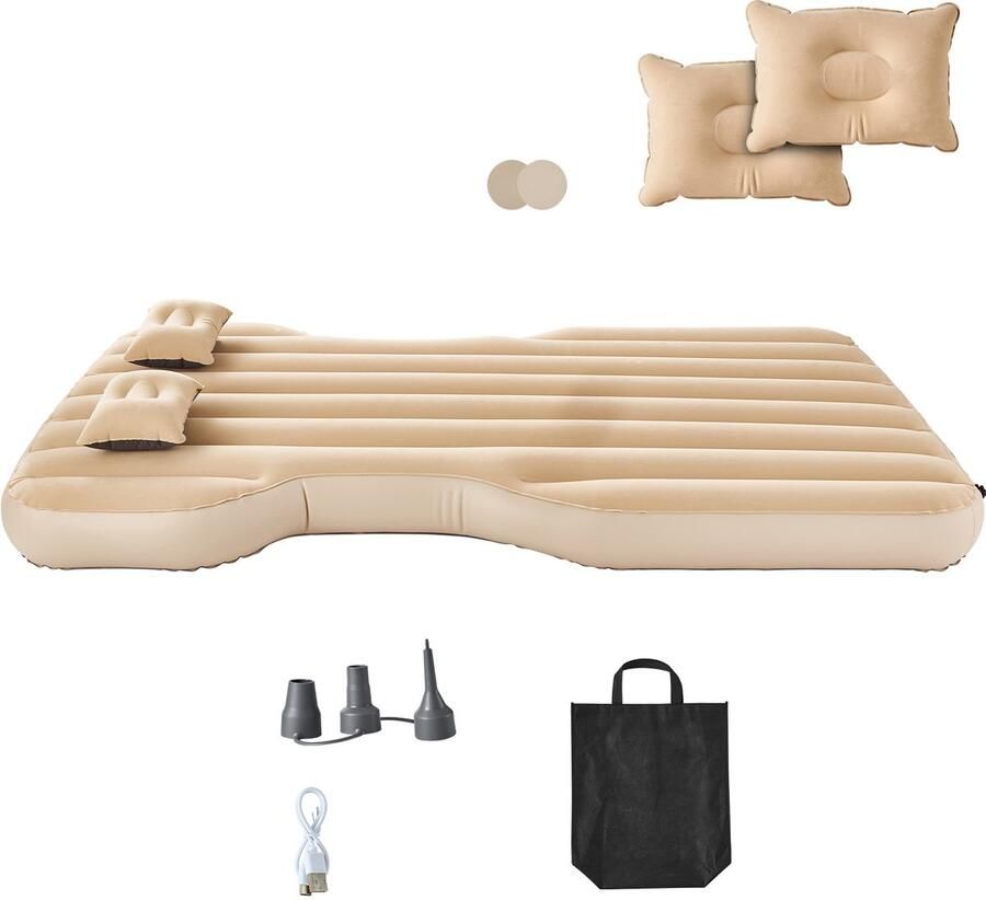 Luchtbed voor Tesla Model Y (2020-2024) opblaasbaar Kampeermatras Gevlokte en Versterkte Reismat Draagbare Slaapmat met Geïntegreerde Pomp en Twee Kussens Beige