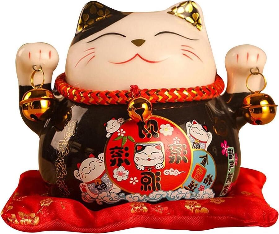 Lucky Cat muntbank 45 inch keramische Maneki Neko gelukskat decoratie cadeau voor bureau brengt geluk en fortuin schattig zwart katbeeld met goede wens reddende pot voor goede energie geluksbrenger met symbolische waarde