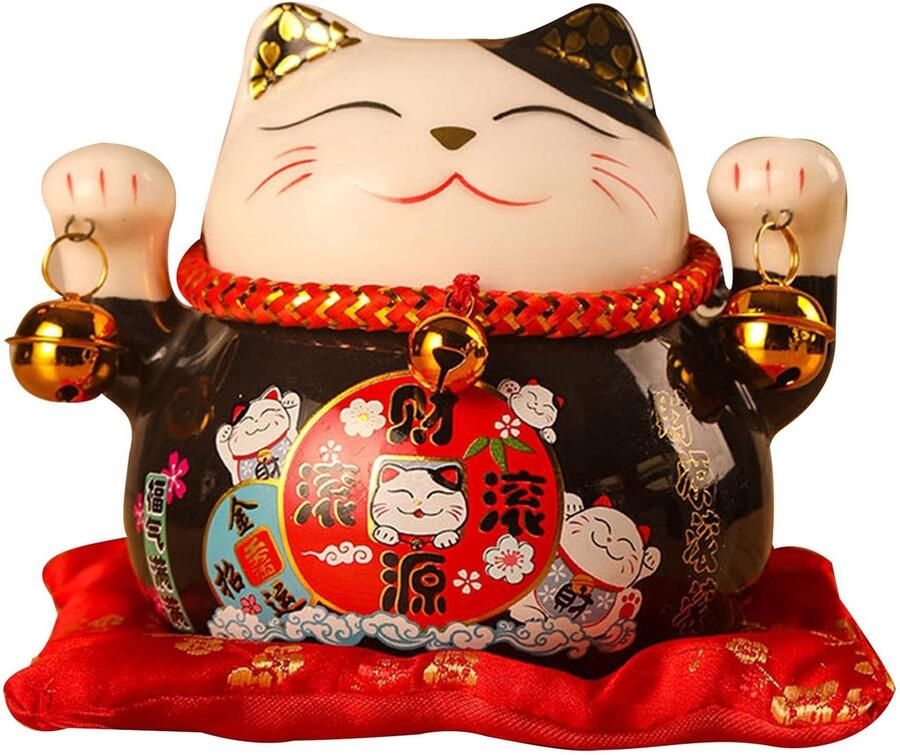 Lucky Cat muntbank 45 inch keramische Maneki Neko gelukskat decoratie cadeau voor bureau brengt geluk en fortuin schattig zwart katbeeld met goede wens reddende pot voor goede energie geluksbrenger met symbolische waarde