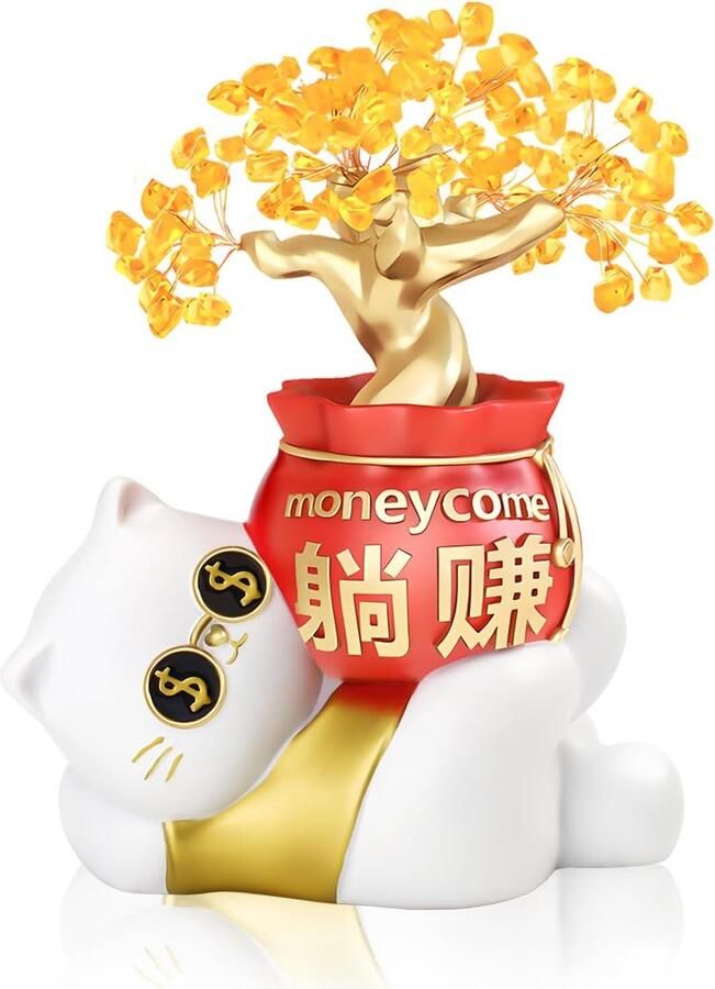 Allecto Plus Standbeeld Lucky Cat Feng Shui Geluksbrenger Huisdecoratie Bonsaiboom ornament Geldboom Geld geluk Kristallen Chinees Bureau deco