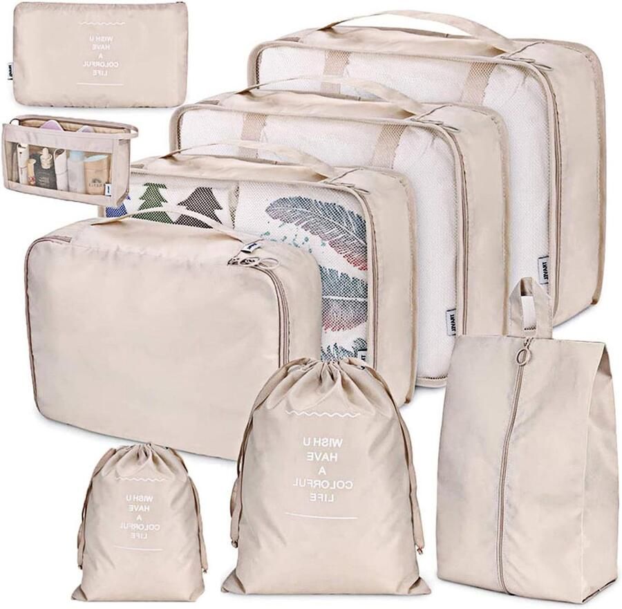 Luggage Organiser Set Multifunctional Waterproof Organisers for Clothing Shoes Cosmetics 9 Pieces Beige