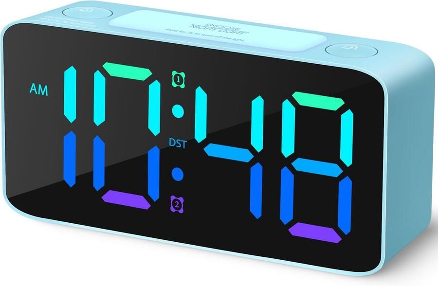 Luide wekker voor zware slapers (volwassenen) digitale klok met 7-kleurig nachtlampje instelbaar volume USB-oplader kleine klokken voor naast het bed in de slaapkamer geschikt om kinderen en tieners wakker te maken (blauw + RGB)