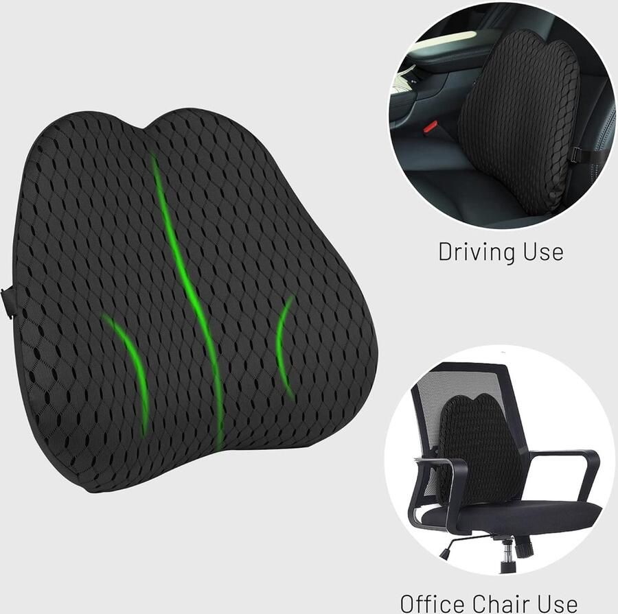 Lumbaal Ondersteuningskussen van Geheugenschuim voor Rugsteun Zwarte Lendenkussen voor Bureaustoel Autostoel en Rolstoel