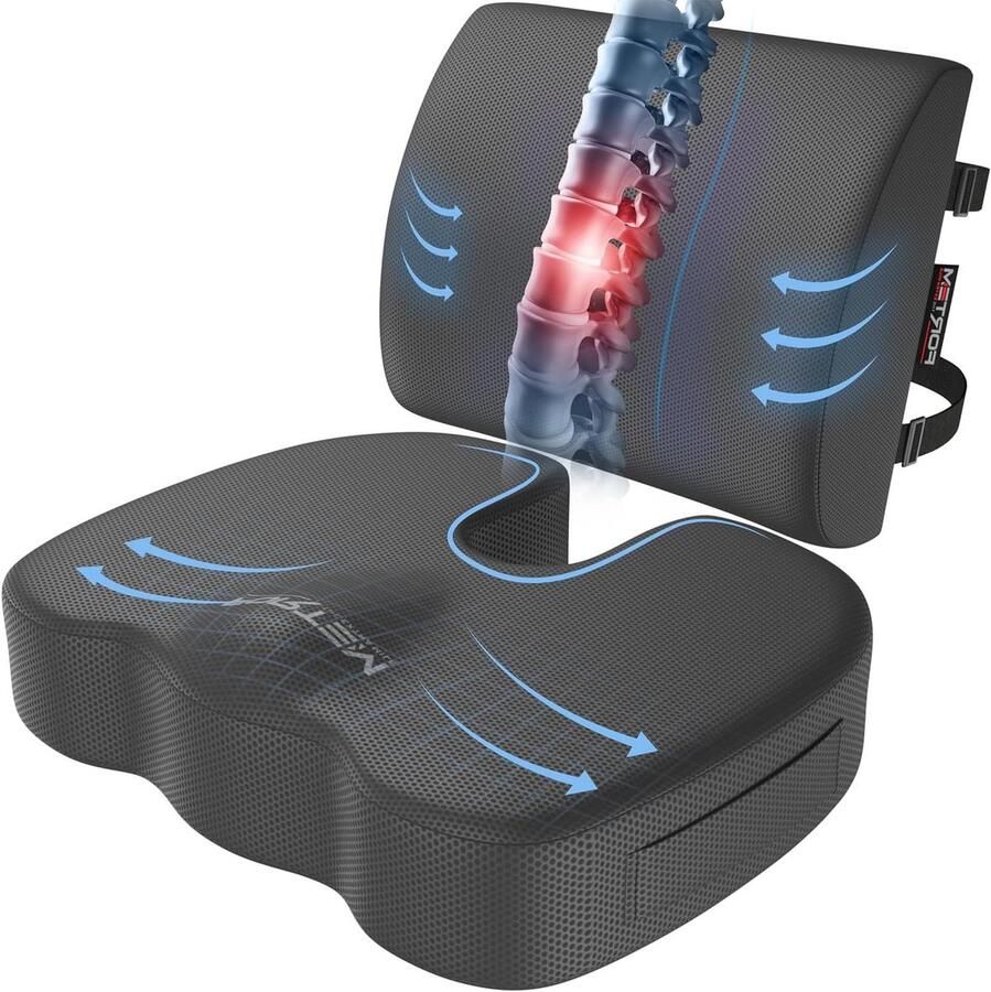 Zitkussen en Lendensteun Memory Foam Antislip en XL voor Bureaustoel Gaming Autostoel