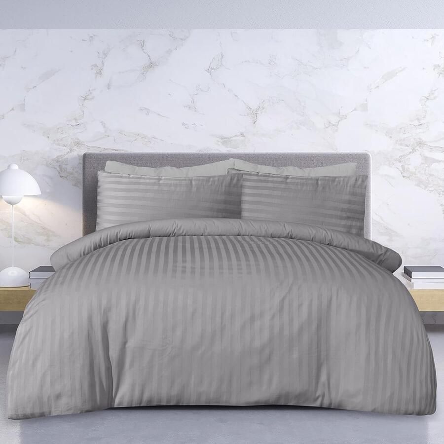 Luxe 100% Katoen Satin Streep Dekbedovertrek Set Grijs Tweepersoonsbed (200 cm x 200 cm)