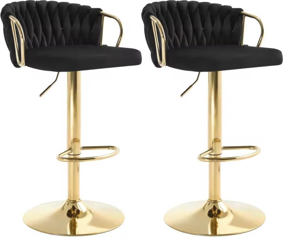 J&R Luxe barkruk Fluweel Barkruk Set van 2 Gevlochten Hoogte verstelbaar 360 graden draaibaar Velvet Gouden poot Zwart - Foto 4