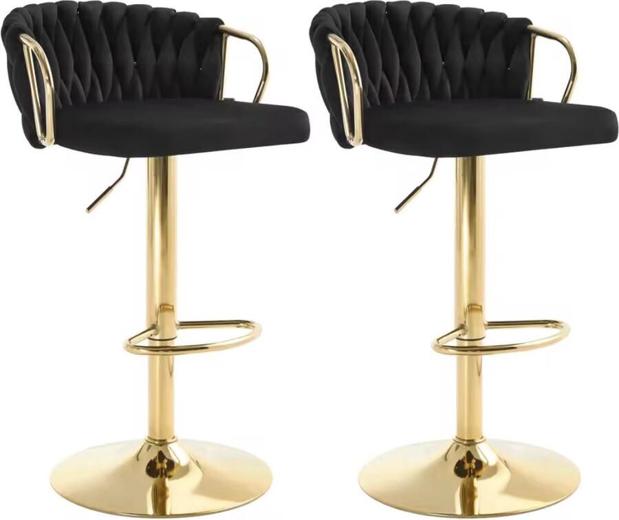 Luxe barkruk Fluweel Barkruk Set van 2 Gevlochten Hoogte verstelbaar 360 graden draaibaar Velvet Gouden poot Zwart