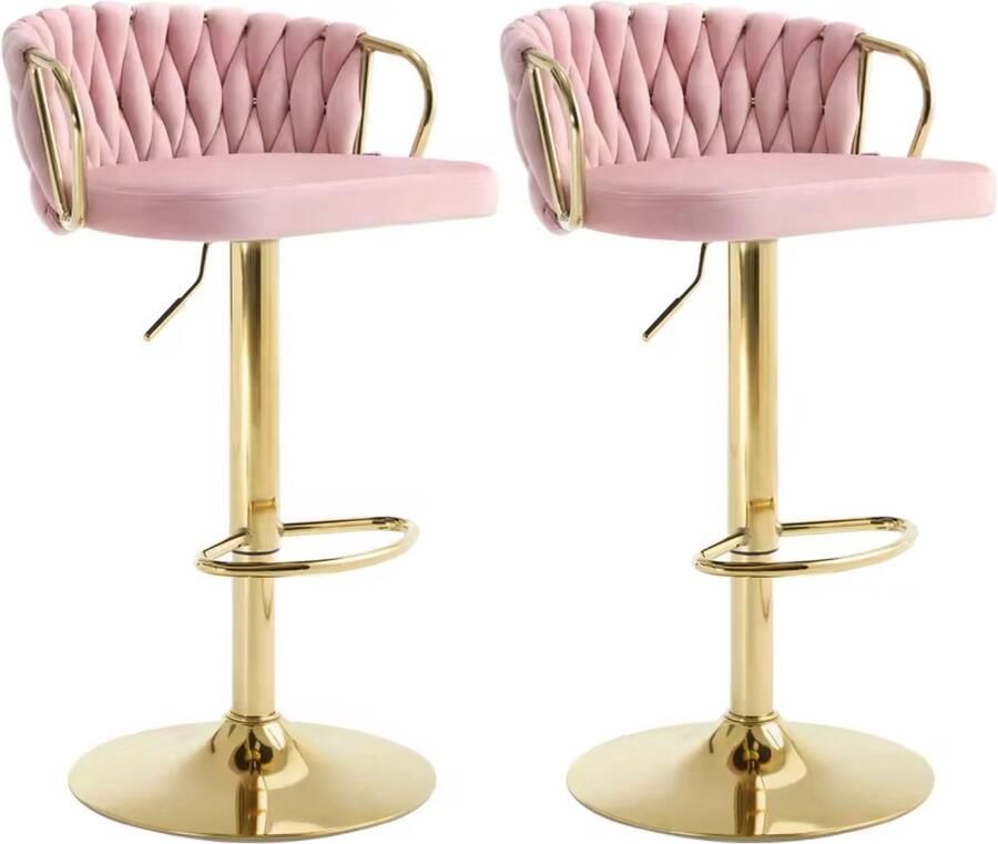 Luxe barkruk Fluweel Barkruk Set van 2 Gevlochten Hoogte verstelbaar 360 graden draaibaar Velvet Gouden poot Roze