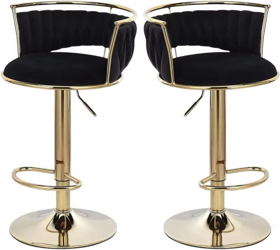 J&R Luxe barkruk Fluweel Barkruk Set van 2 Gevlochten Hoogte verstelbaar 360 graden draaibaar Velvet Gouden poot Zwart