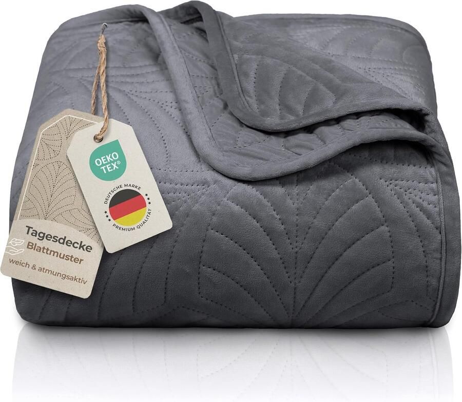 Luxe Bedsprei 220x240 cm Antraciet – Fluwelen Deken met Bladmotief & Naadloze Stiksels – Zachte Kreukvrije en Onderhoudsvriendelijke Sprei voor Bed of Bank