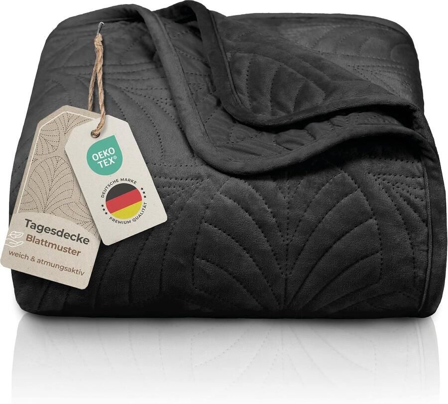 Luxe Bedsprei 220x240 cm Zwart – Fluwelen Deken met Bladmotief & Naadloze Stiksels – Zachte Kreukvrije en Onderhoudsvriendelijke Sprei voor Bed of Bank