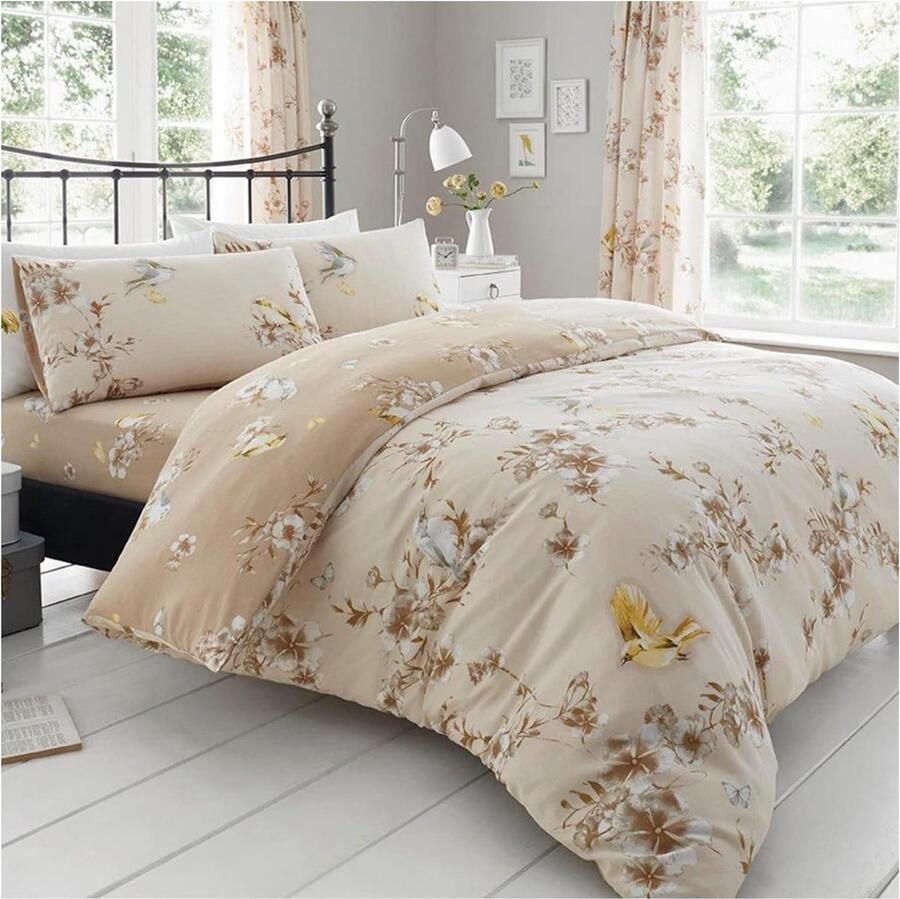 Luxe BIRDIE BLOSSOM Bed Set met Dekbedovertrek en kussensloop Natuurlijk Dubbel 200 x 200 cm dekbedovertrek 160x200
