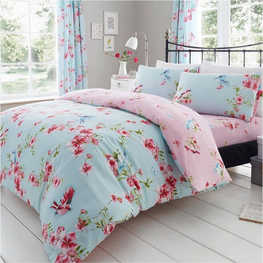 Merkloos Luxe BIRDIE BLOSSOM Bed Set met Dekbedovertrek en kussensloop Polyester-katoen blauw King (230 x 220cm)