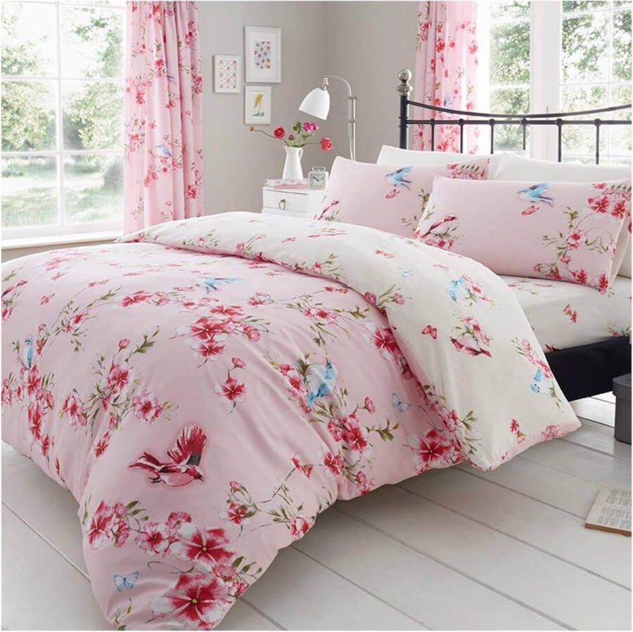 Luxe BIRDIE BLOSSOM Bed Set met Dekbedovertrek en kussensloop Polyester-Katoen Roze Dubbel (200 x 200 cm)
