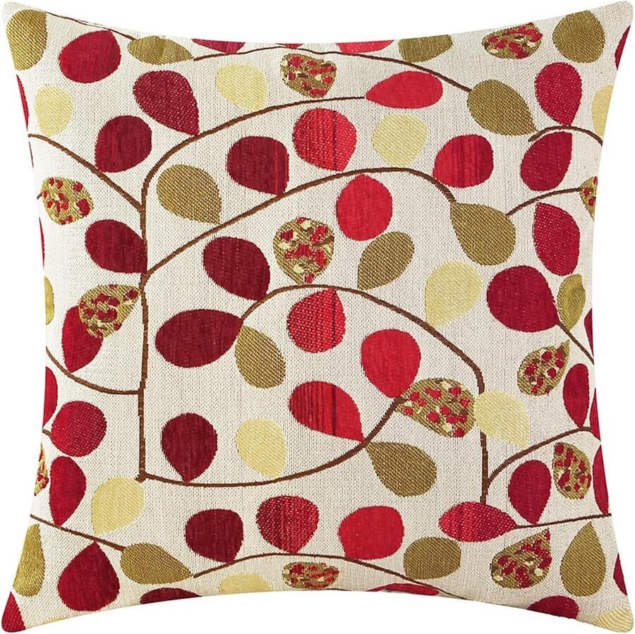 Luxe Chenille Kussensloop met Bladeren voor Sofa en Bank 40x40 cm Ecru Rood
