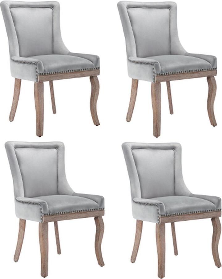 Zonder merk Gotagee Luxe eetkamerstoel 4 stuks Keukenstoel Woonkamerstoel Gestoffeerde stoel Fluweel Grijs Poten van massief hout