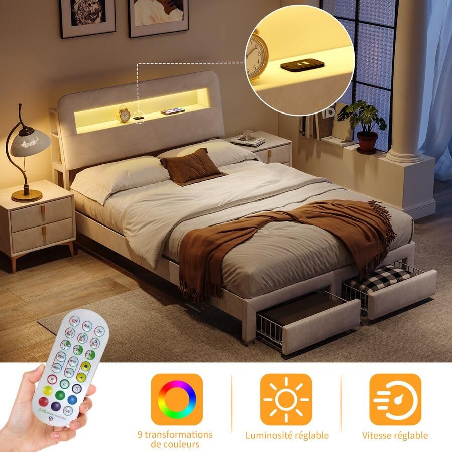 Luxe Fluwelen Bed 160x200 cm met 2 Laden aan Voeteneinde Opbergruimte in Hoofdbord LED-Verlichting & USB Oplaadpoort – Beige Gestoffeerd Bed voor Slaapkamer
