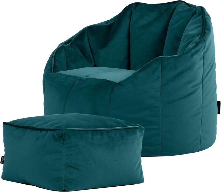 Luxe Fluwelen Zitzak Fauteuil met Hocker Blauwgroen