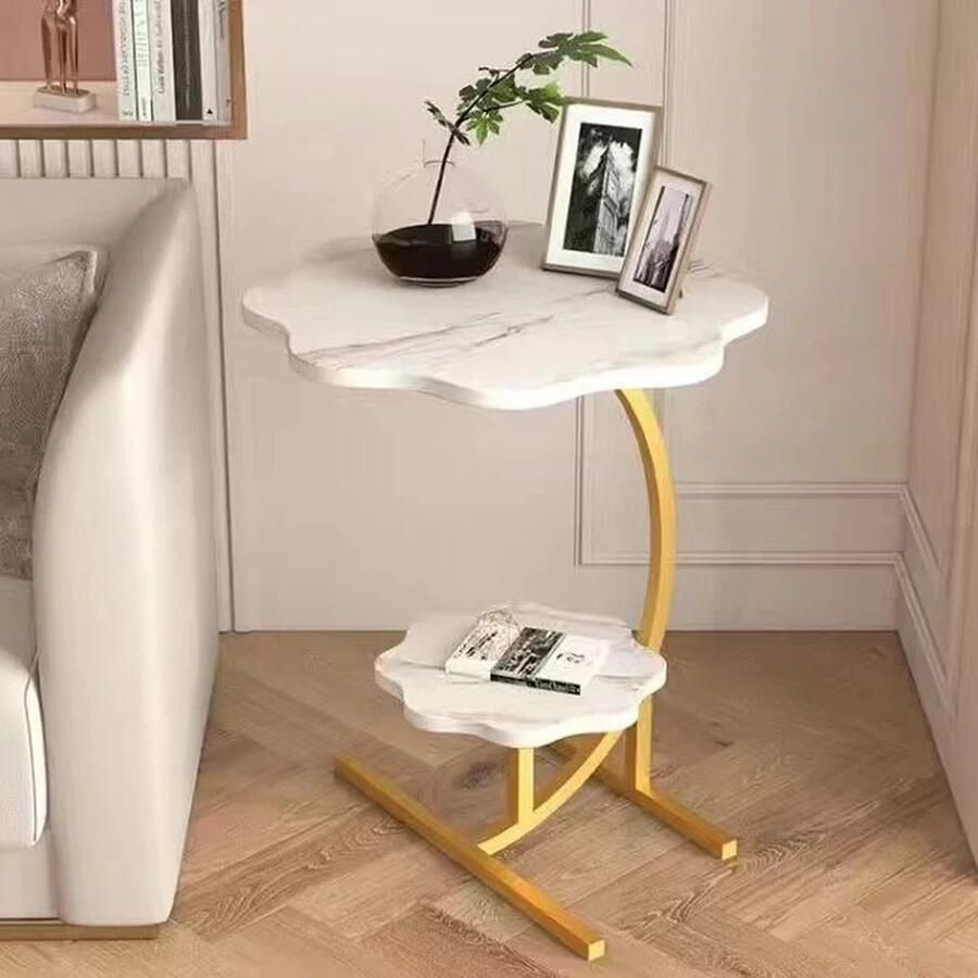 Luxe Gouden Marmer Bloem Salontafel 40cm Dubbel Tafelblad Designer Goud Marmer Minimalistische Lounge Tafel Ruimtebesparend Hulpmeubilair Thuis Balkon Tafels Woonkamer Sofa Bijzettafel Moderne Side Table Verdikt Koolstofstaal Stabiel & Duurzaam