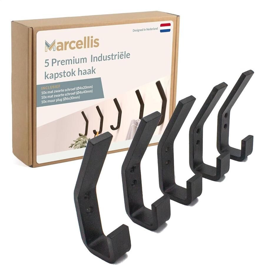 Luxe industriële kapstok haken Set van 5 Mat zwart Voor hoeden en jassen Inclusief bevestigingsmateriaal