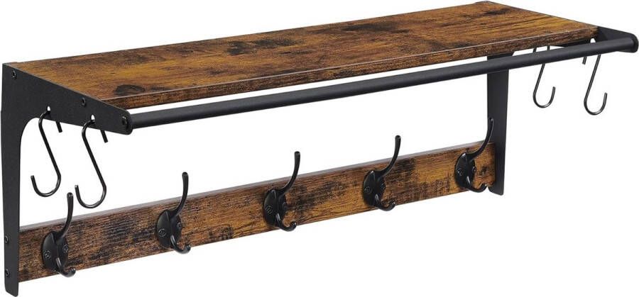 Luxe kapstok met 9 hakken kapstok industriële kapstok met plank hout zwart 61 x 24 x 22 cm