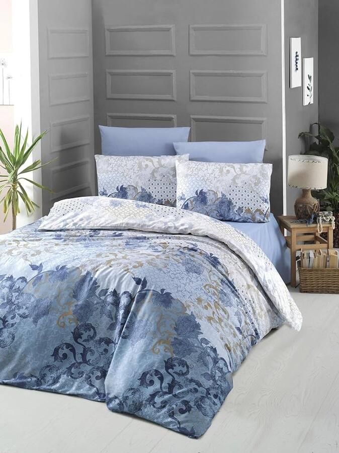 Luxe Katoenen Satijnen Quilt Coverset Comfortabel 1 stuk Blauw Wit Bruin 135x200 cm