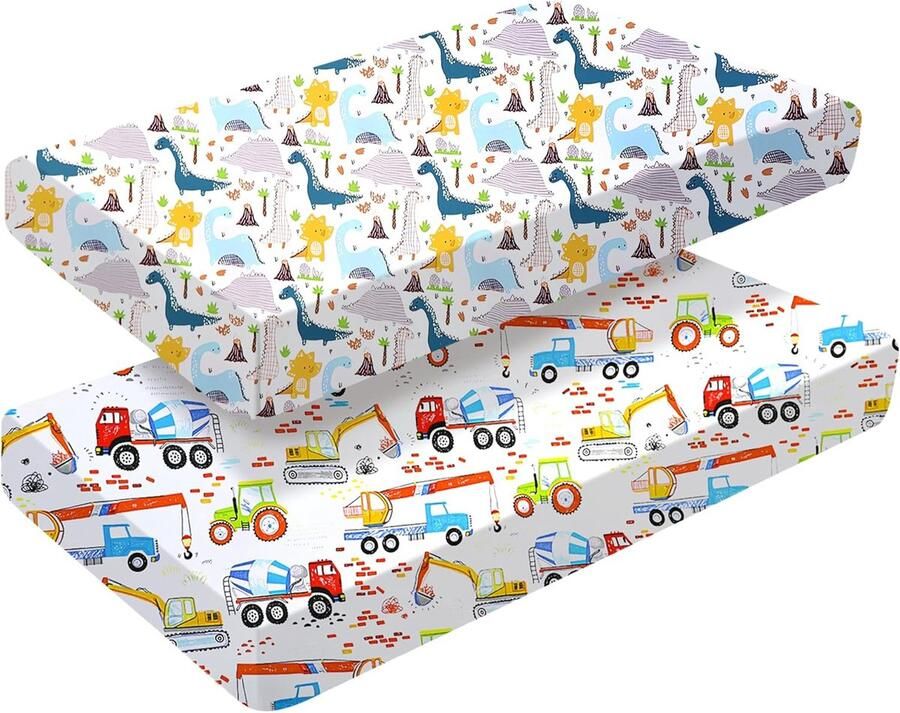 Goodivery Luxe Kinderbed Hoeslaken Set met Autopatroon en Dinosaurussen 2 Stuks 140 x 70 cm Zacht Katoen