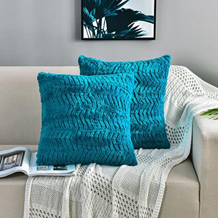 Luxe kussenslopen van imitatiebont 18 x 18 set van 2 decoratieve kussenslopen voor bank en slaapkamer (groenblauw turquoise 45 7 x 45 7 cm)